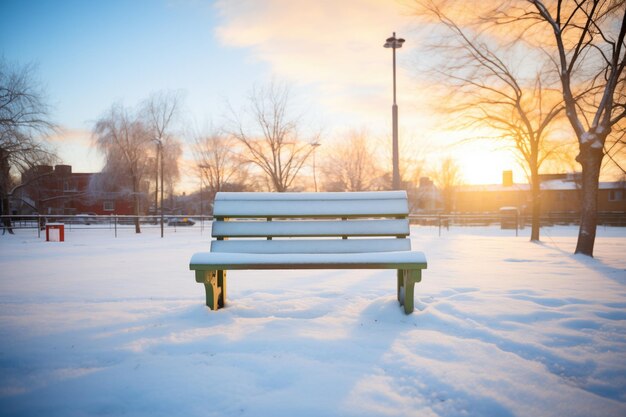 Foto banco de parque nevado ao nascer do sol, um caminho até ele