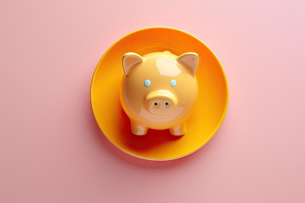 Banco de porcos no prato Come-se a comer Poupança Dificuldades financeiras Conceito Poupança de porcos como alimento Comer finanças domésticas Banco de porco no prato Ver superior Ilustração de IA generativa