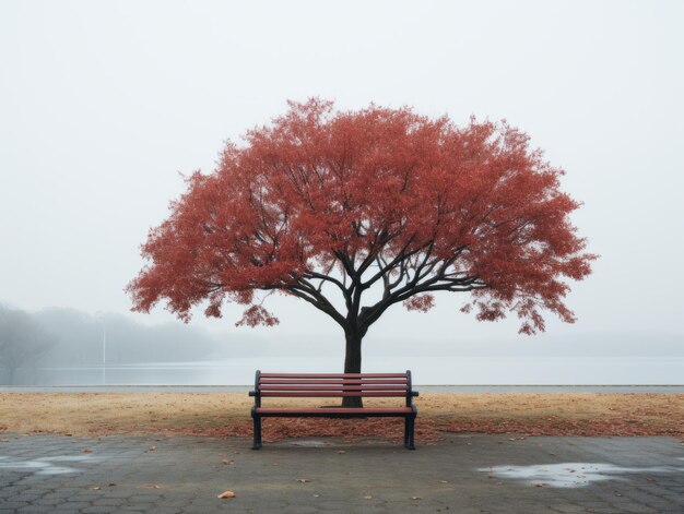 un banco debajo de un árbol frente a un cuerpo de agua