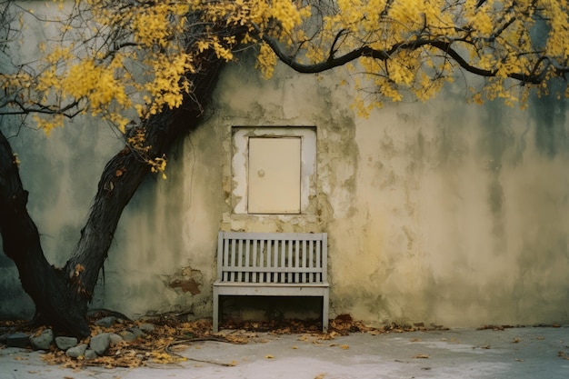 un banco debajo de un árbol con hojas amarillas