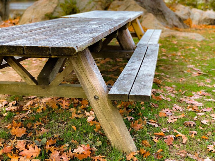 Foto banco e mesa vazios no campo durante o outono