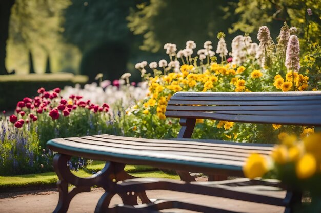 Un banco con flores y un banco al fondo.