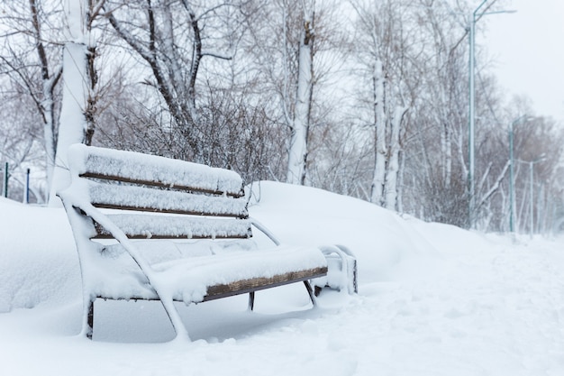 Banco en invierno bajo la nieve en un parque. Invierno siberiano
