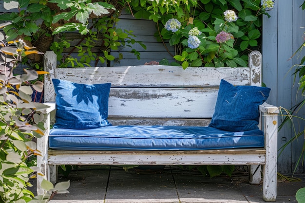 Foto banco de jardín de madera encalado con cojines azules ia generativa