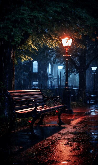 banco en la lluvia en la calle por la noche