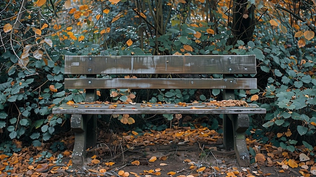 Un banco de madera abandonado rodeado de exuberante vegetación y hojas de otoño esparcidas