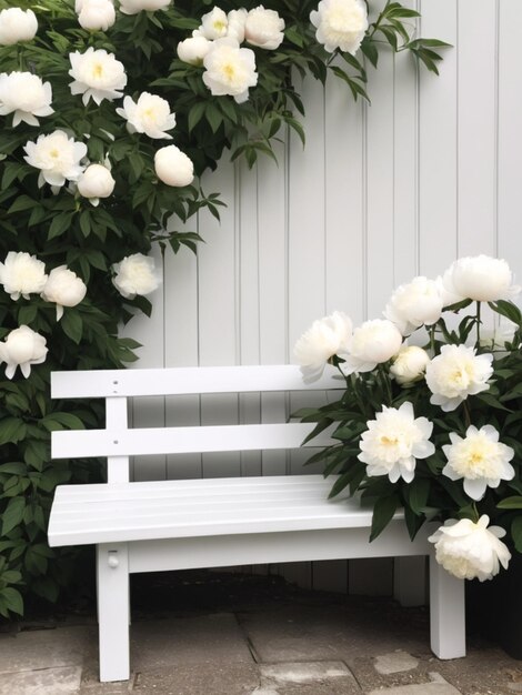 Un banco de madera blanca rodeado de peonías blancas