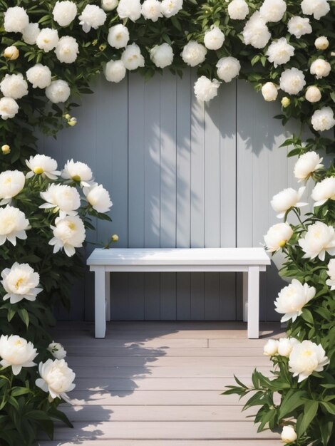 Un banco de madera blanca rodeado de peonías blancas