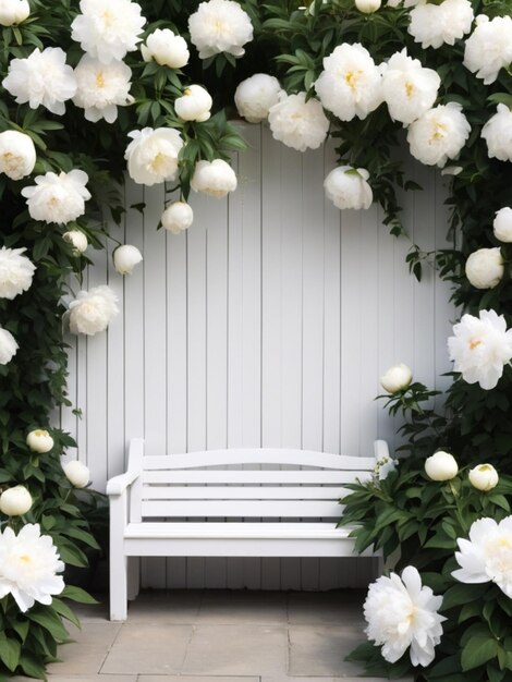 Un banco de madera blanca rodeado de peonías blancas