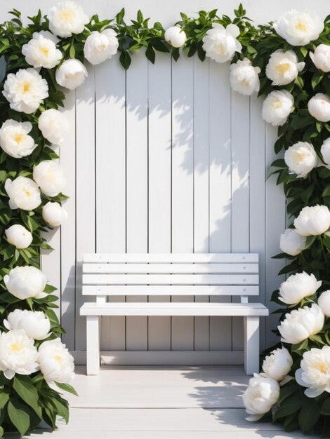 Un banco de madera blanca rodeado de peonías blancas