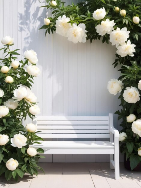 Un banco de madera blanca rodeado de peonías blancas