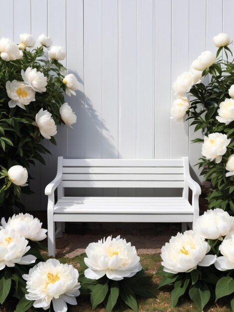 Un banco de madera blanca rodeado de peonías blancas