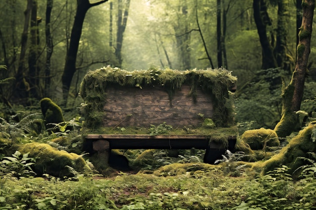 Foto banco de madera en un bosque verde con musgo y helechos