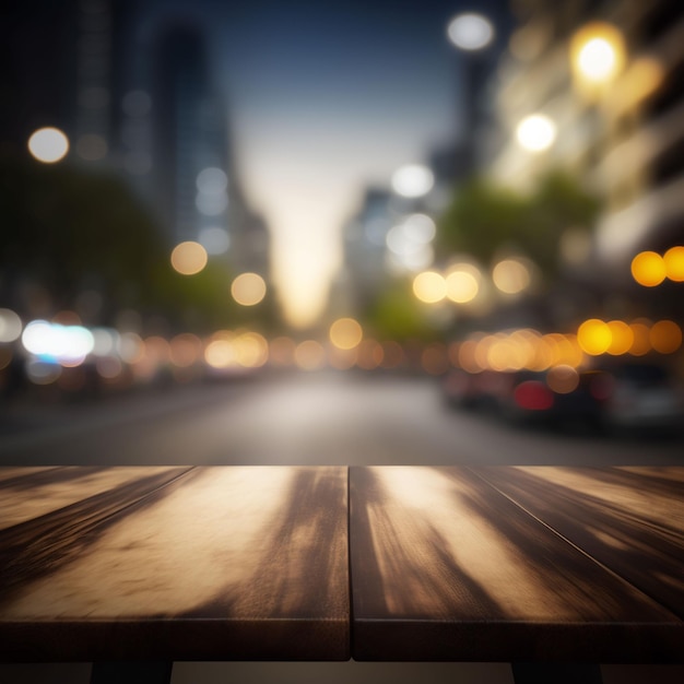 Un banco de madera con una calle borrosa de fondo.