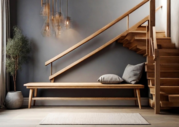 Foto un banco de madera está debajo de una escalera que tiene un banco de madera debajo de él