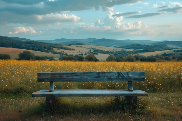 Un banco de madera se encuentra entre un campo de coloridas flores silvestres