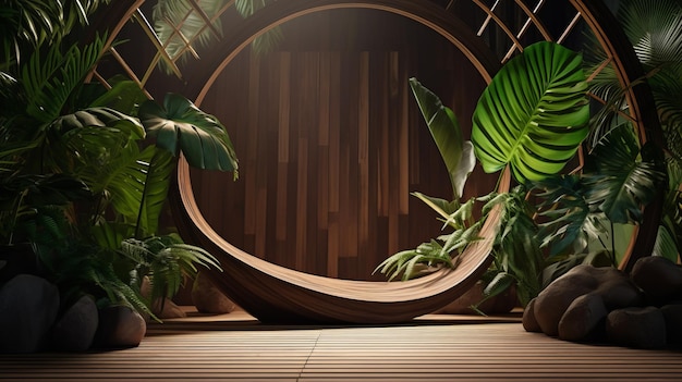 Un banco de madera se encuentra en una plataforma entre plantas con grandes hojas verdes AI generativa