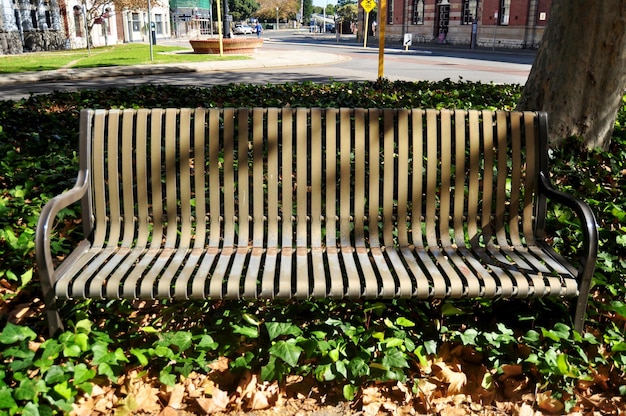 Banco de madera en el jardín de Phillimore Street en Perth, Australia