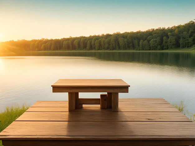 Banco de madera en el lago con el fondo borroso de los lagos de verano bosque verde puesta de sol sol sol