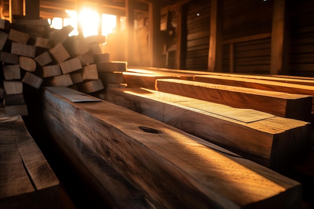 Un banco de madera con un montón de madera al fondo.