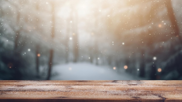 Un banco de madera con nieve en el suelo y un fondo nevado.