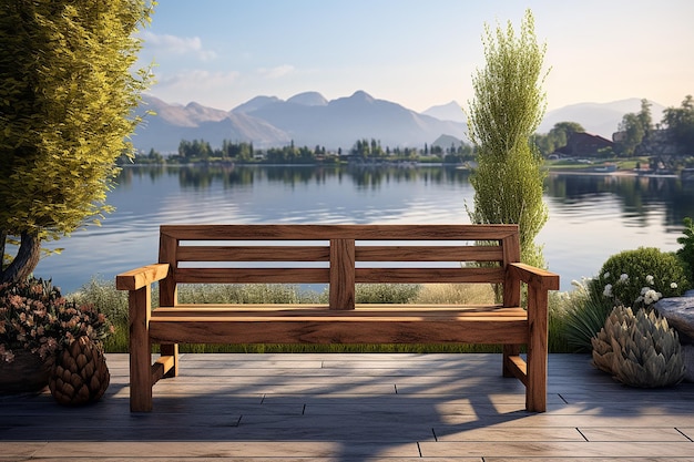 Banco de madera con paisaje de naturaleza de lago y montañas en día brillante