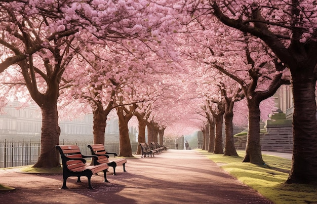 Banco de madera en el parque con flores de cerezo rosas en primavera