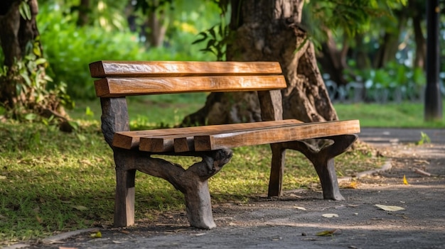 Un banco de madera en un parque con la palabra parque al costado