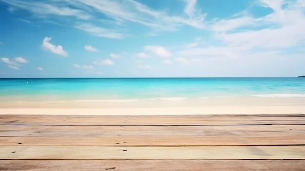 Banco de madera en una playa con un cielo azul de fondo