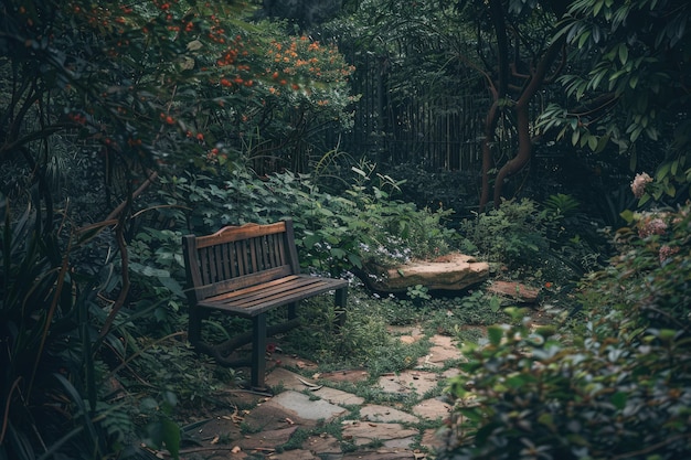 Un banco de madera sentado en el medio de un bosque
