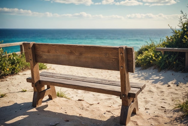 Un banco de madera solitario mira hacia el tranquilo mar azul que proporciona un espacio sereno para la contemplación