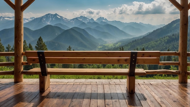 un banco de madera con una vista de una cordillera