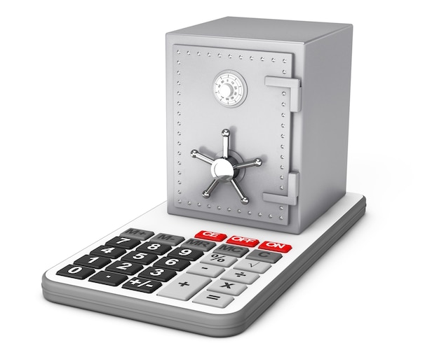 Banco metálico seguro sobre calculadora em um fundo branco. Renderização 3D