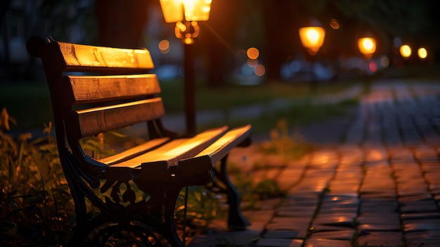 banco no parque à noite iluminado por lâmpadas de rua