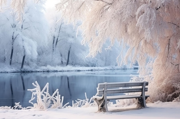 Banco no parque de inverno coberto de neve da cidade com um lago e belas árvores em geada na manhã Ilustração generativa de IA