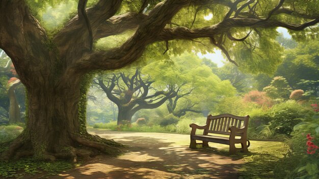 Un banco en el parque bajo un árbol majestuoso