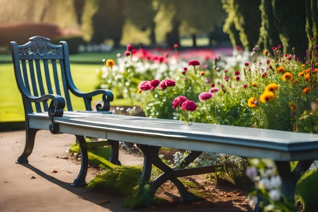 Un banco del parque con un banco y flores al fondo.