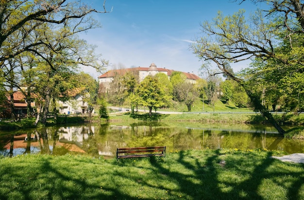 un banco del parque se encuentra frente a un lago con árboles al fondo.