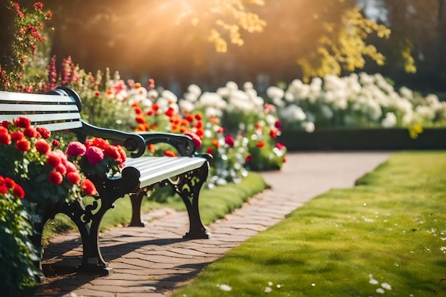 Un banco del parque con flores en el fondo