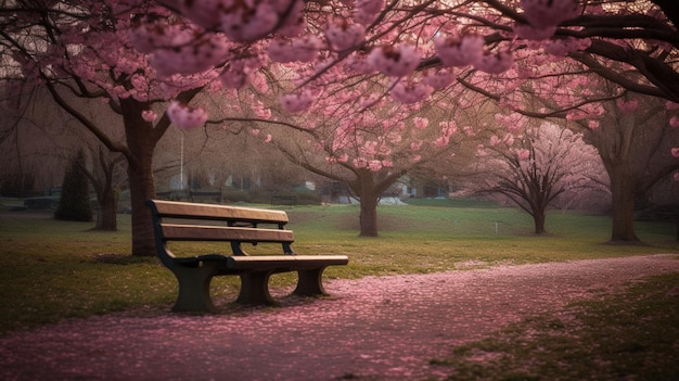 Un banco en un parque con flores rosas al fondo.