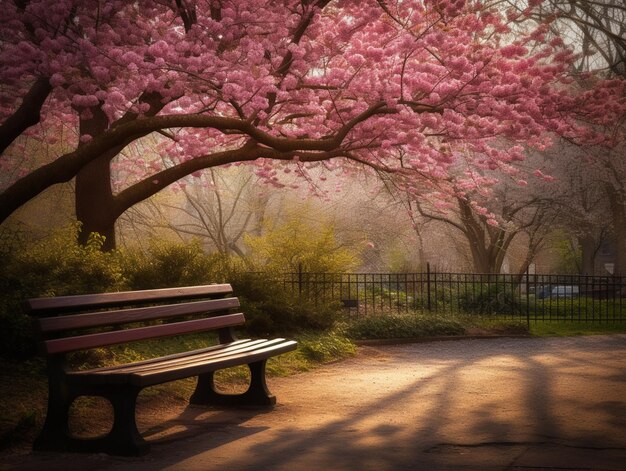 Un banco del parque con flores rosas en el fondo.