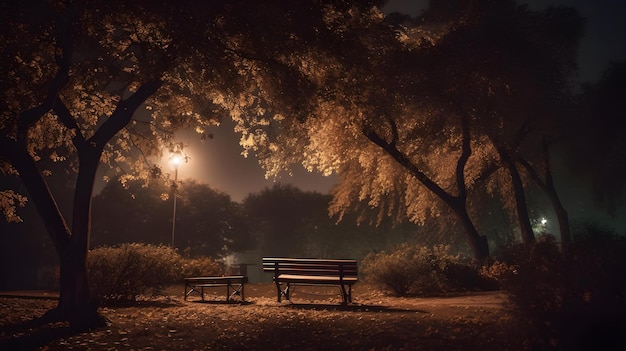 Un banco de parque con una luz en el lado izquierdo y una luz en el lado derecho.