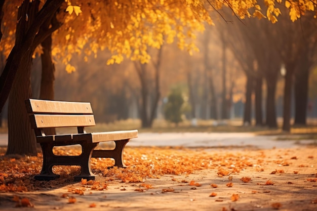 Banco en el parque de otoño Paisaje de otoño Día cálido y tranquilo Ilustración generada por AI