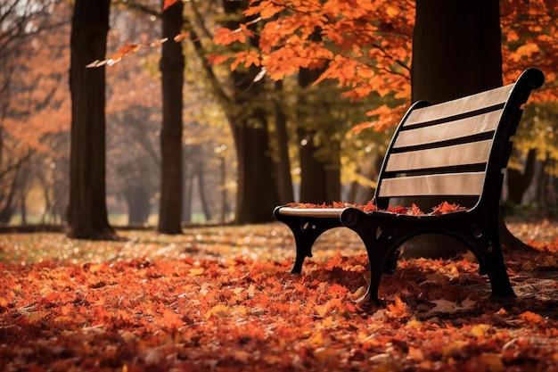 un banco en el parque de otoño con las palabras caen al suelo