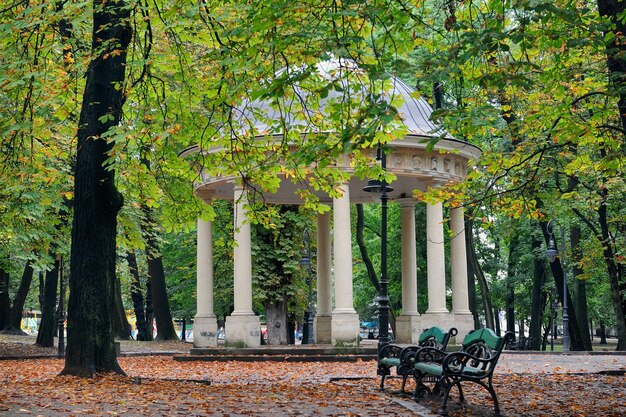 Banco del parque en otoño sobre un fondo de arcos blancos