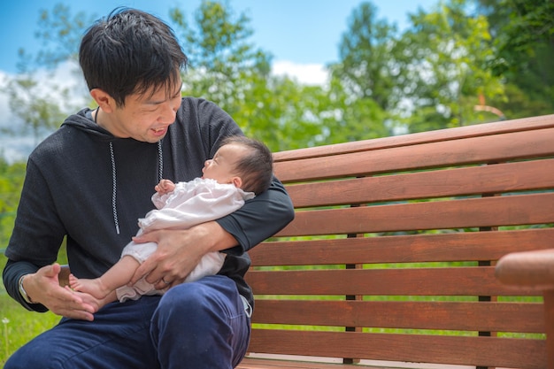 banco del parque y padre e hijo