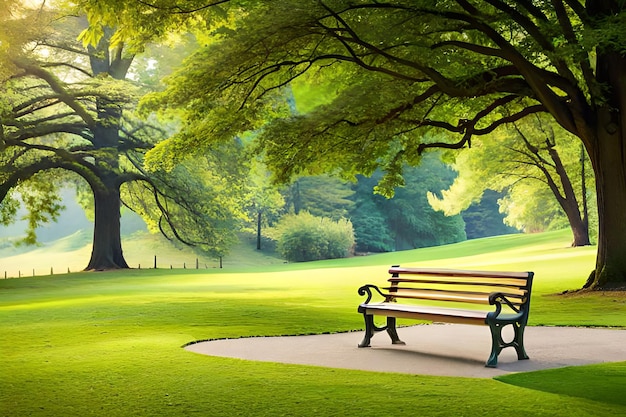 Un banco de parque en un parque con un árbol en el fondo
