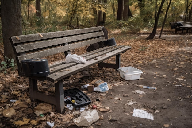 Un banco de parque rodeado de basura y basura creado con IA generativa