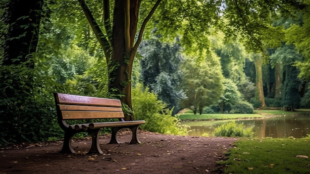 Un banco del parque con vista a los árboles y la vegetación que muestra una IA pacífica generada