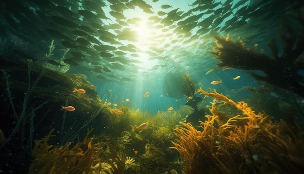 Un banco de peces está bajo el agua a la luz del sol.